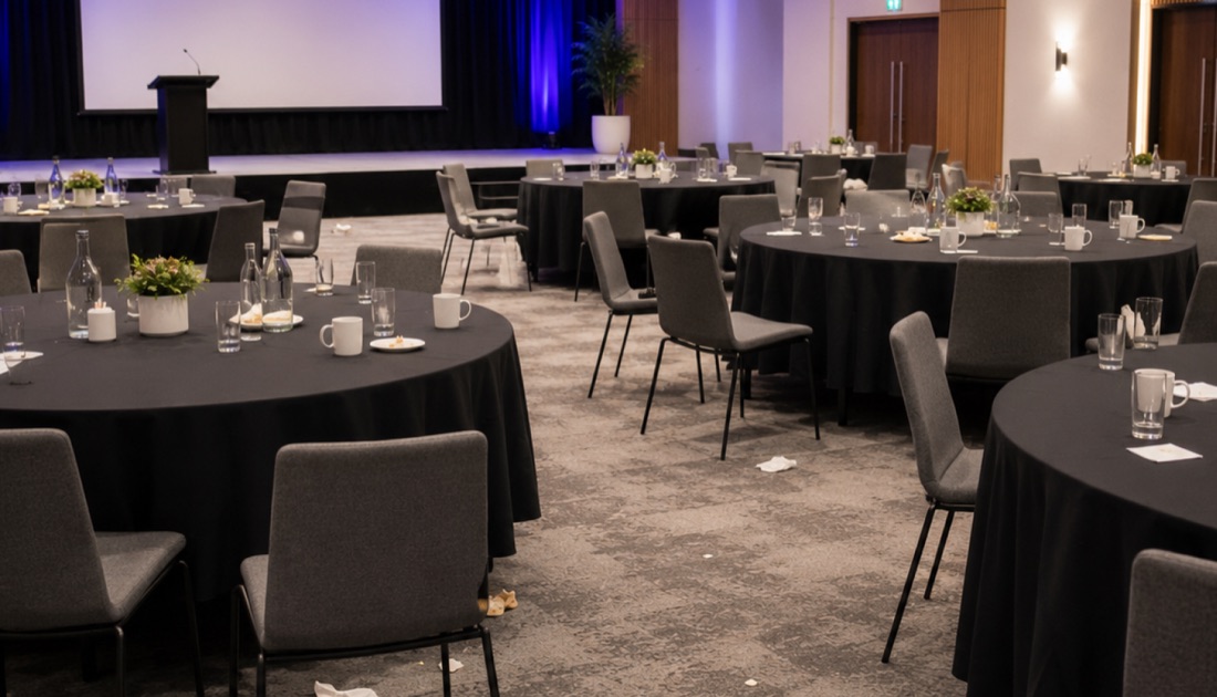 An event room with round tables and chairs