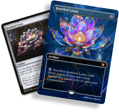 A hooded sorcerer with Jeweled Lotus custom cards