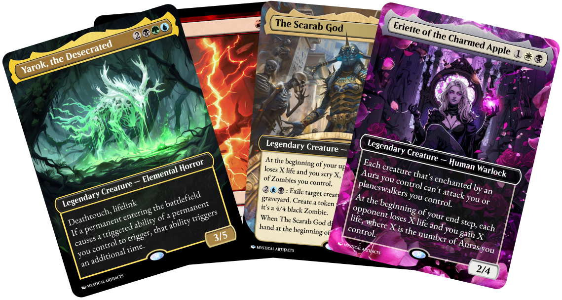 A fan of four custom legendary creature cards