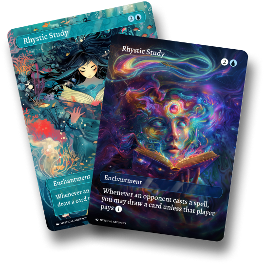 Two custom Mystical Artifacts cards fanned together