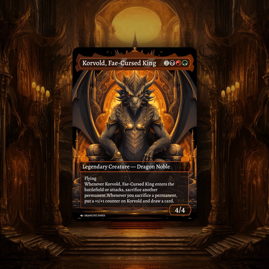 Korvold, Fae-Cursed King card in a golden hall
