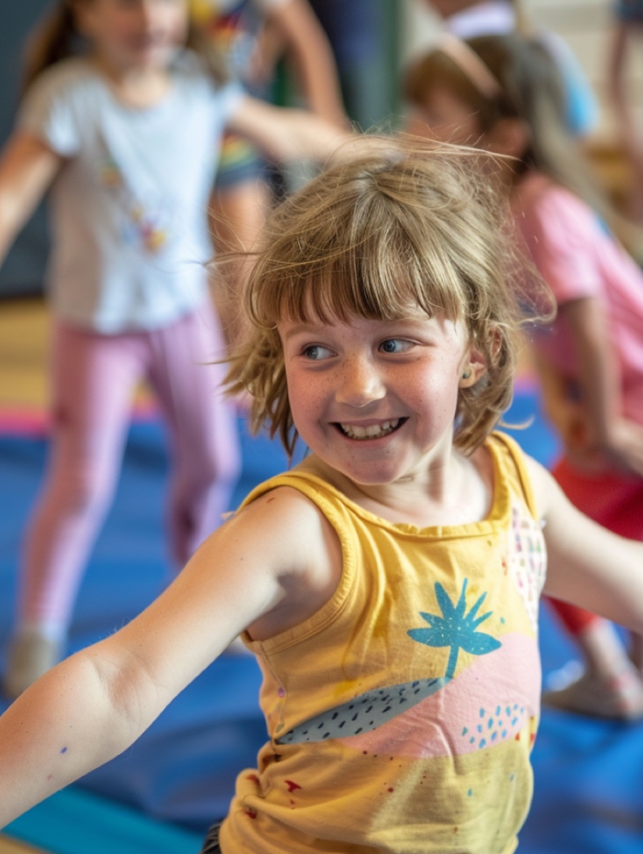 A child in a yellow top grinning mid-movement during a gymnastics session