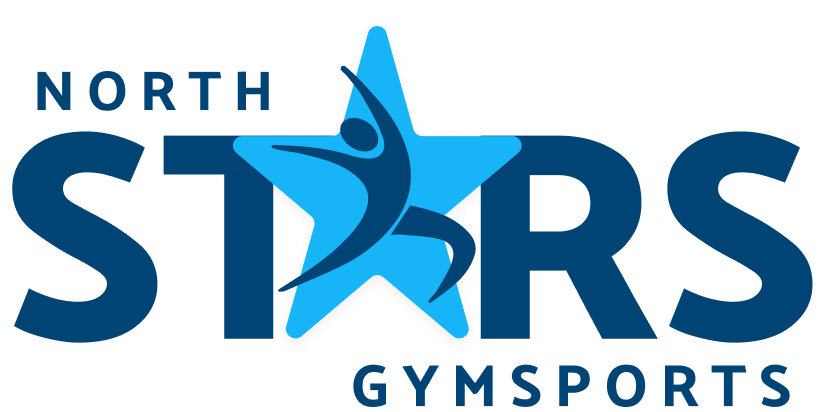 The final North Stars Gymsports logo: a gymnast with arms raised inside a light blue star that replaces the A in STARS