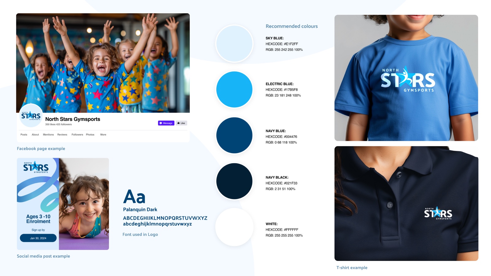 The North Stars Gymsports brand sheet: the mark on a social page, the colours, the type specimen and the logo on a t-shirt and a polo