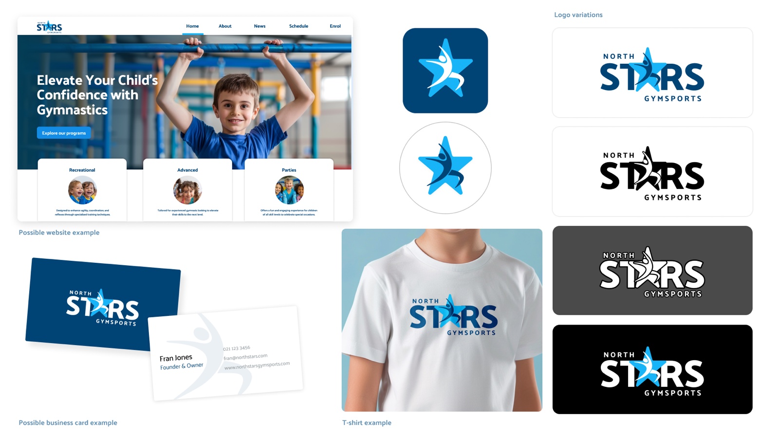The usage sheet: logo versions on white, on brand blue and on black, with uniform and social examples