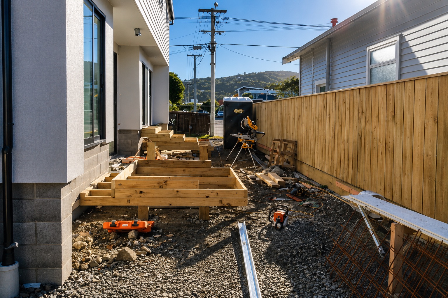 Deck and step framing beside a new timber fence